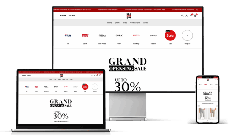 Fashion e-commerce storefront shown across desktop, laptop and mobile