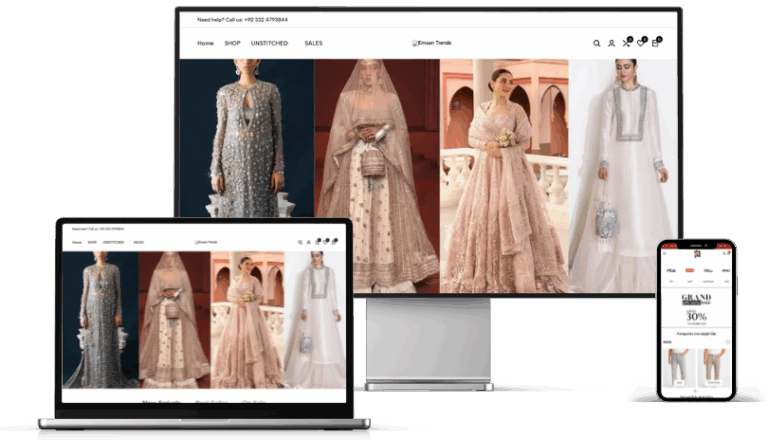 Bridal wear e-commerce store displayed on three devices